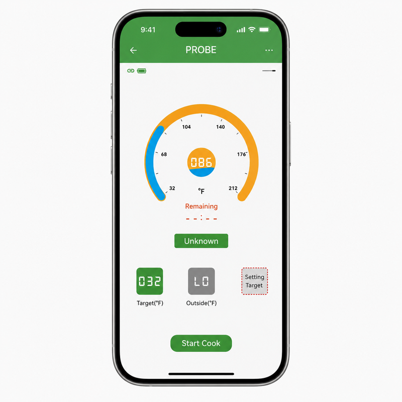 The Grillio app showing live temperature in Celsius